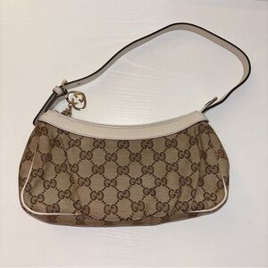 Gucci Beige Brown GG Canvas Shoulder Bag with Ivory Trim